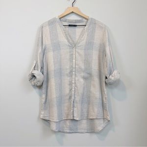 Max Jeans Plaid Button Down Roll Tab Collarless Shirt - Grey/Beige - Size L